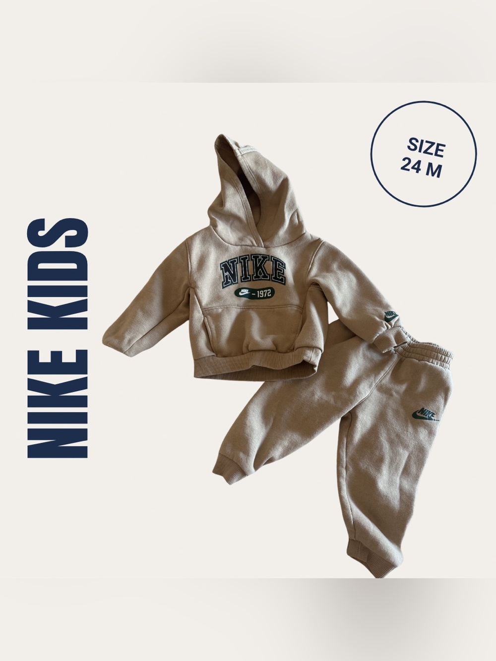 Nike Beige Toddler Hoodie & Jogger Set with Green Logo